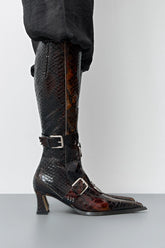 Eliya Brown Snake Buckled Tall Boots | Miista | Designed & Handmade in Europe