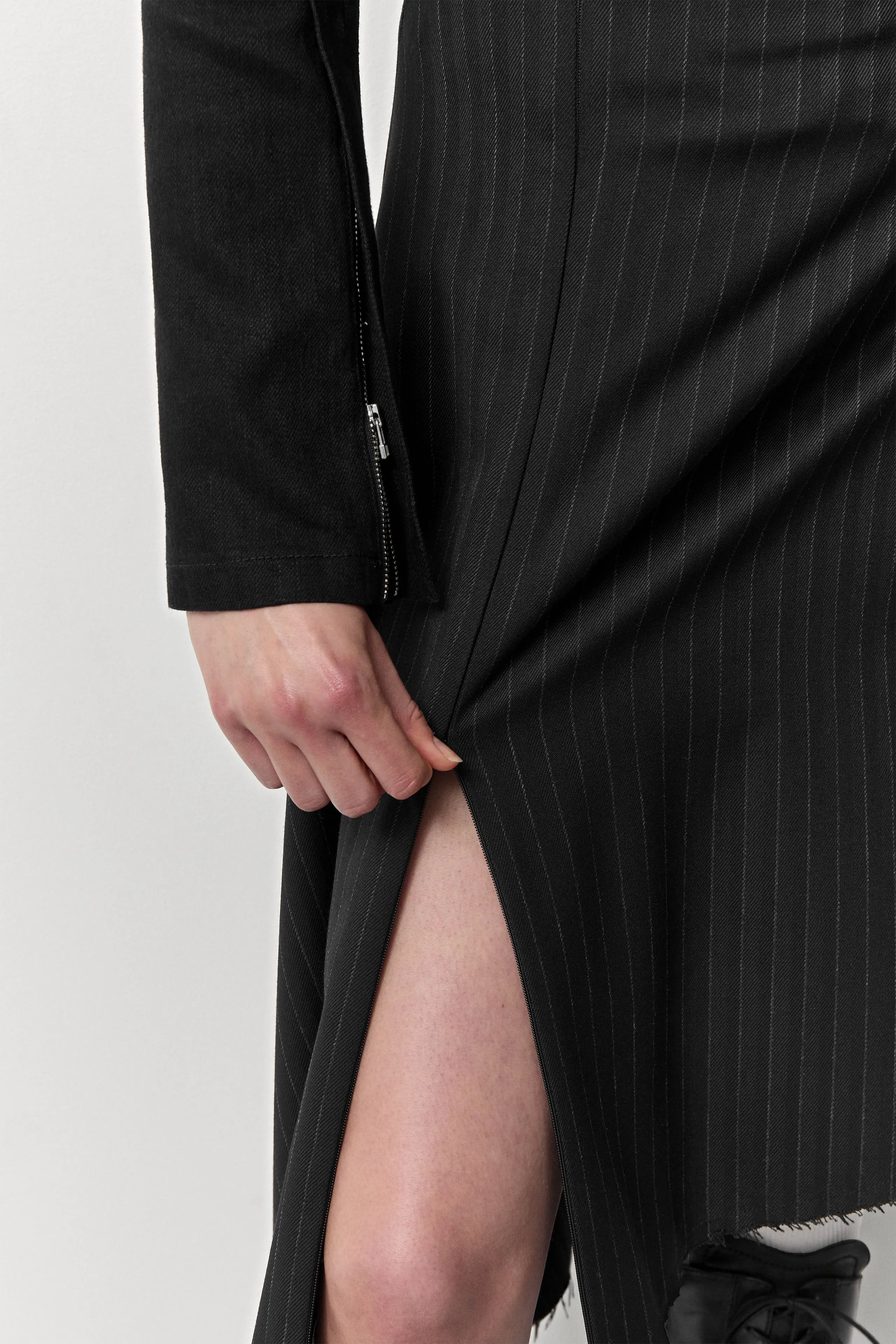 Kaia Black Pinstripe Asymmetrical Skirt | Miista | Designed & Handmade in Europe