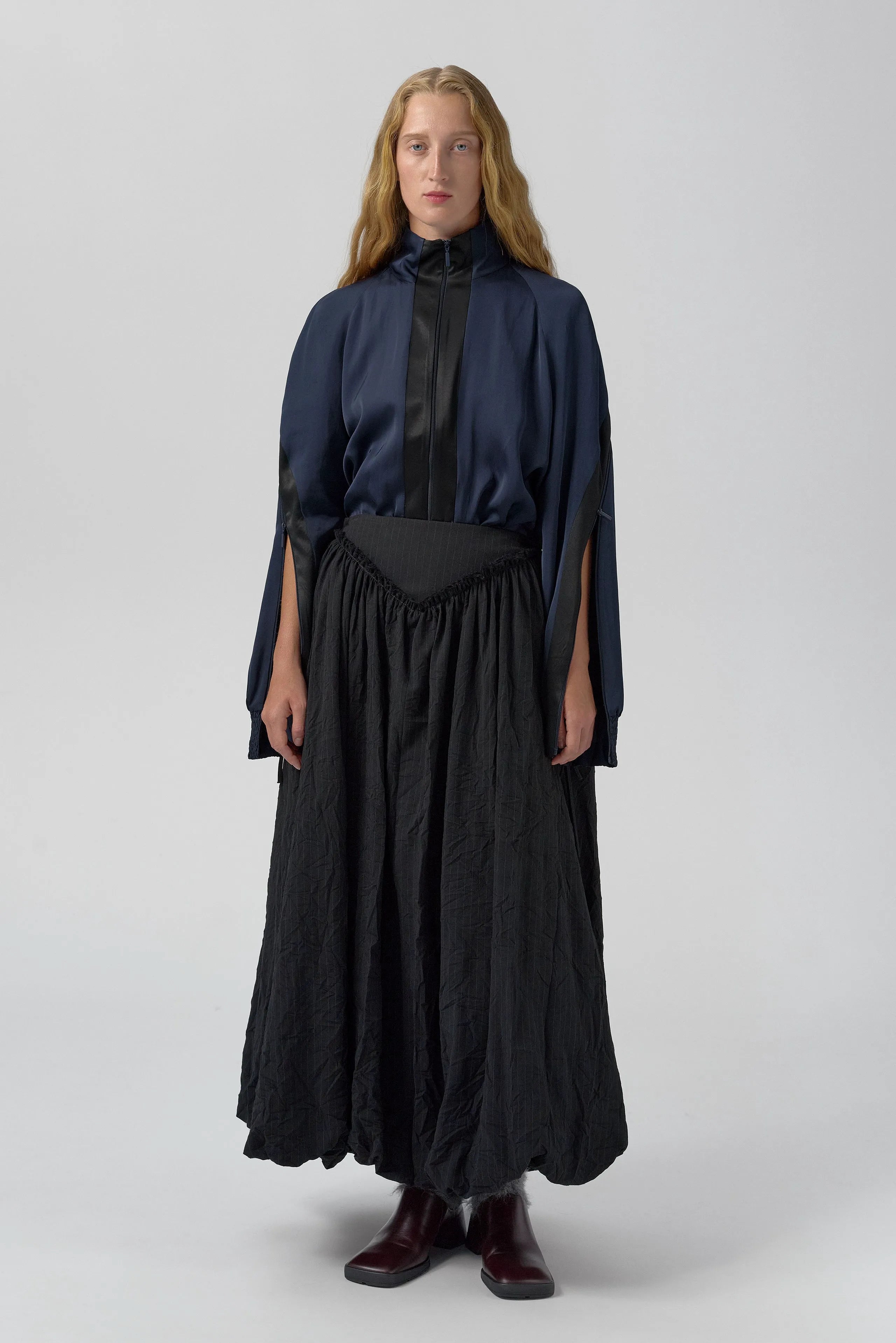 Bronte Black And Grey Crush Pinstripe Puff Skirt  | Miista | Designed & Handmade in Europe