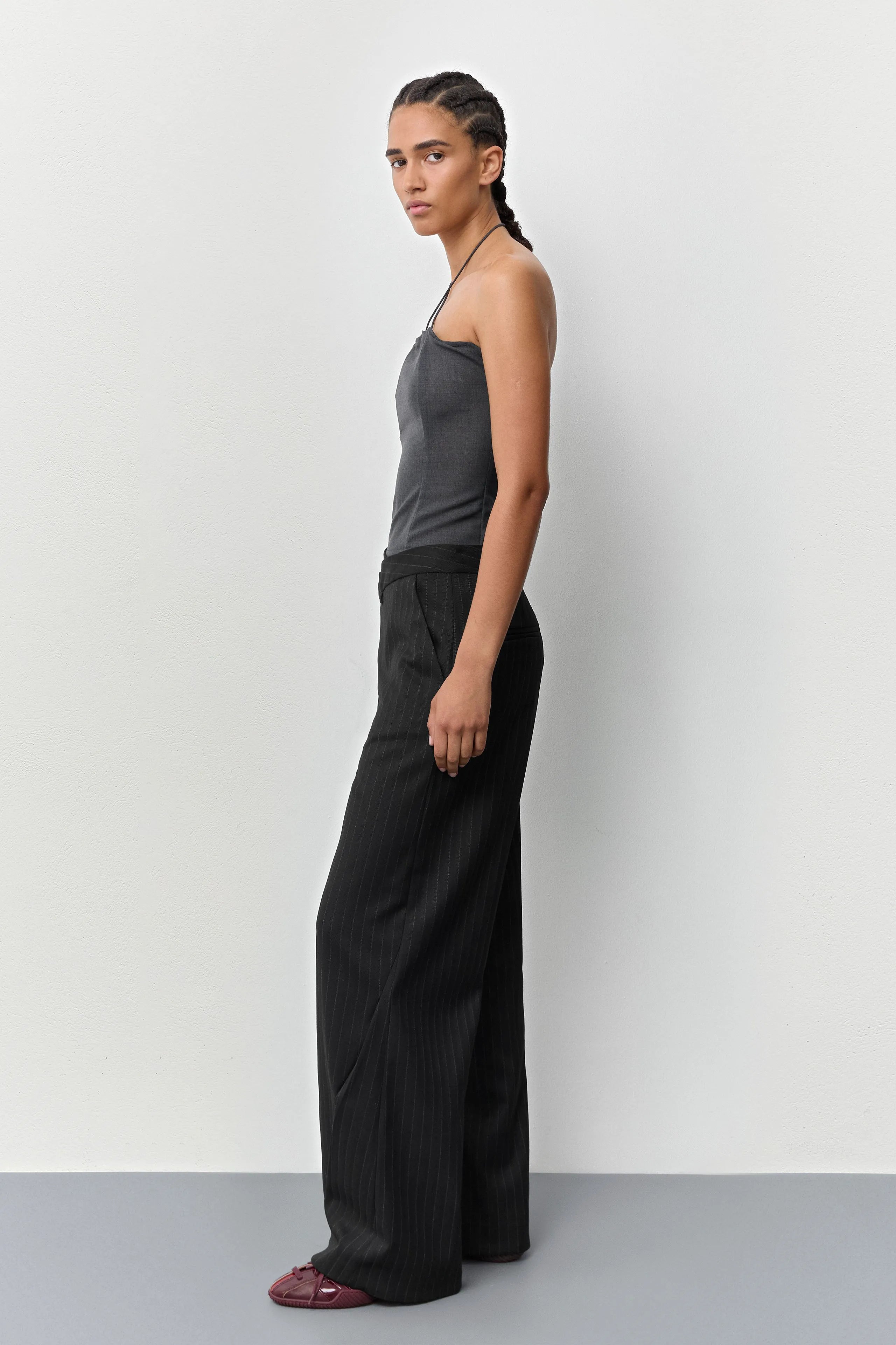 Metis Black Pinstripe Trousers | Miista | Designed & Handmade in Europe