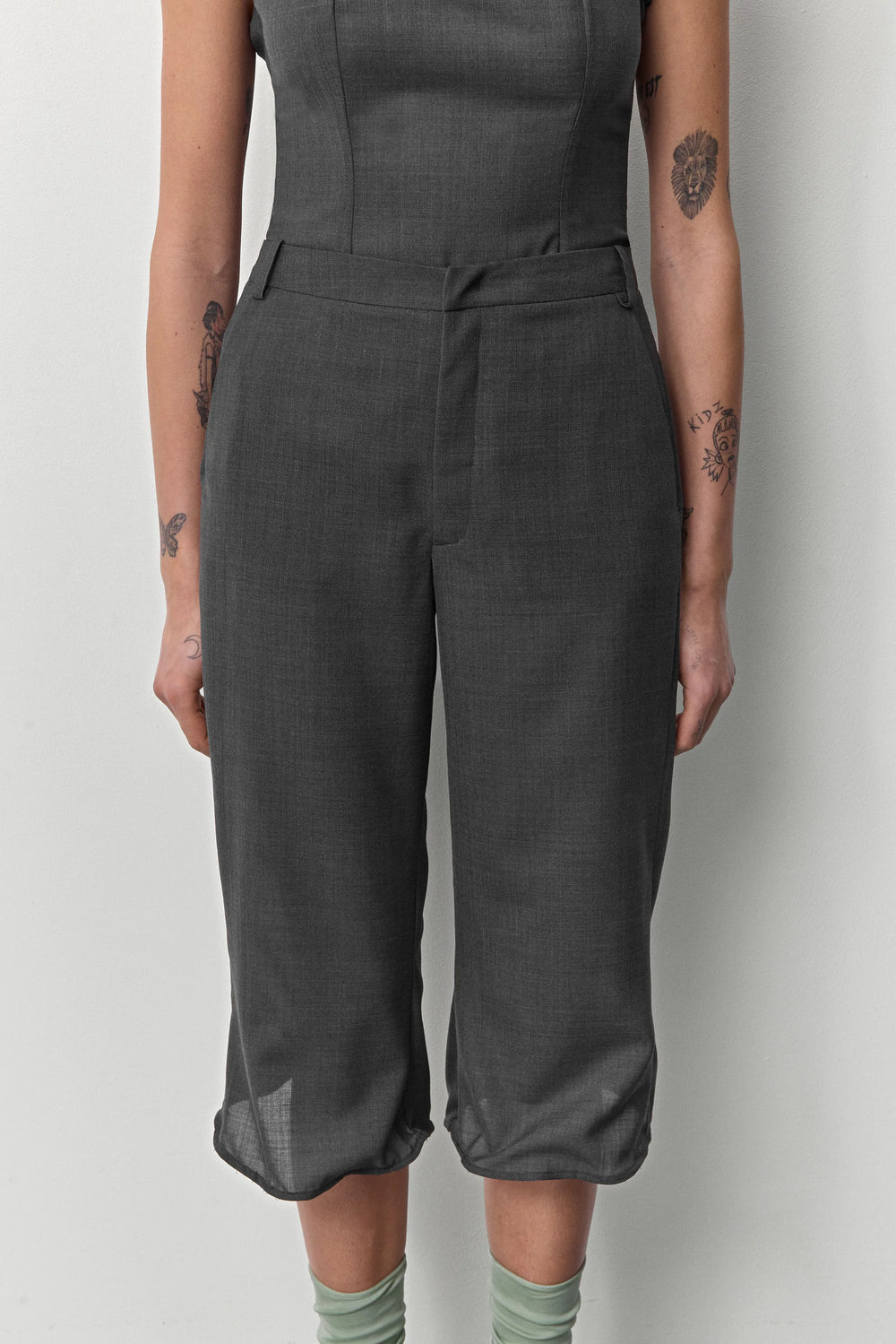 Exene Cement Grey Capri Trousers | Miista | Designed & Handmade in Europe