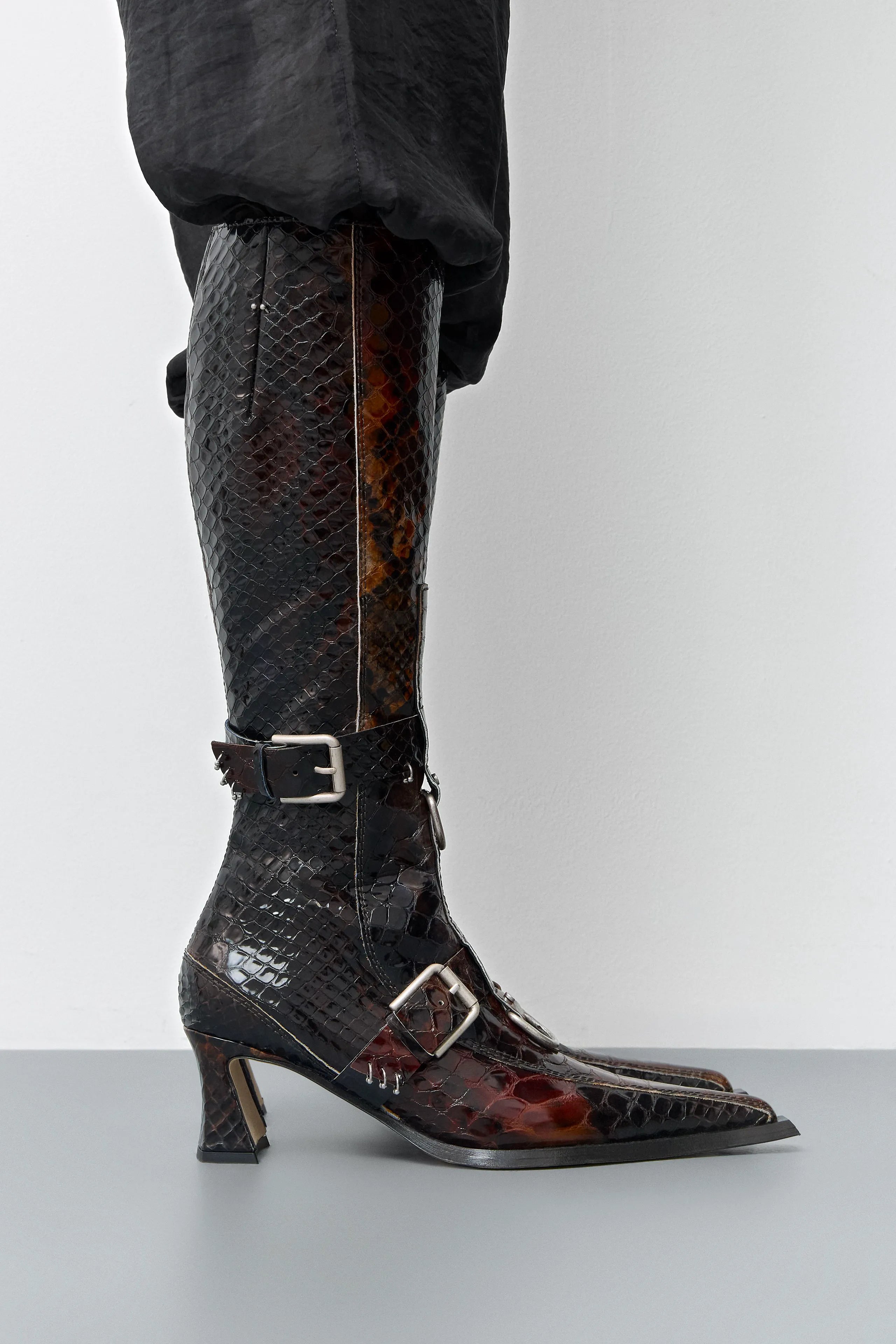 Eliya Brown Snake Buckled Tall Boots | Miista | Designed & Handmade in Europe