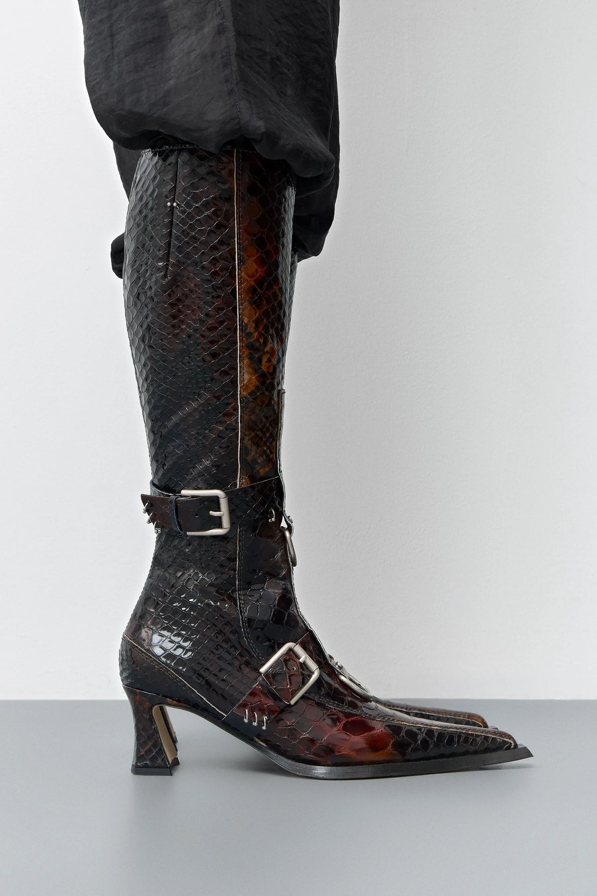 Eliya Brown Snake Buckled Tall Boots | Miista | Designed & Handmade in Europe