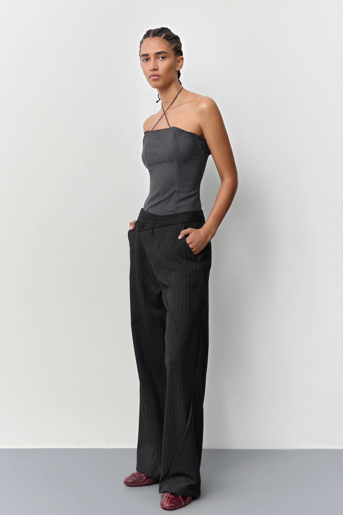 Metis Black Pinstripe Trousers | Miista | Designed & Handmade in Europe