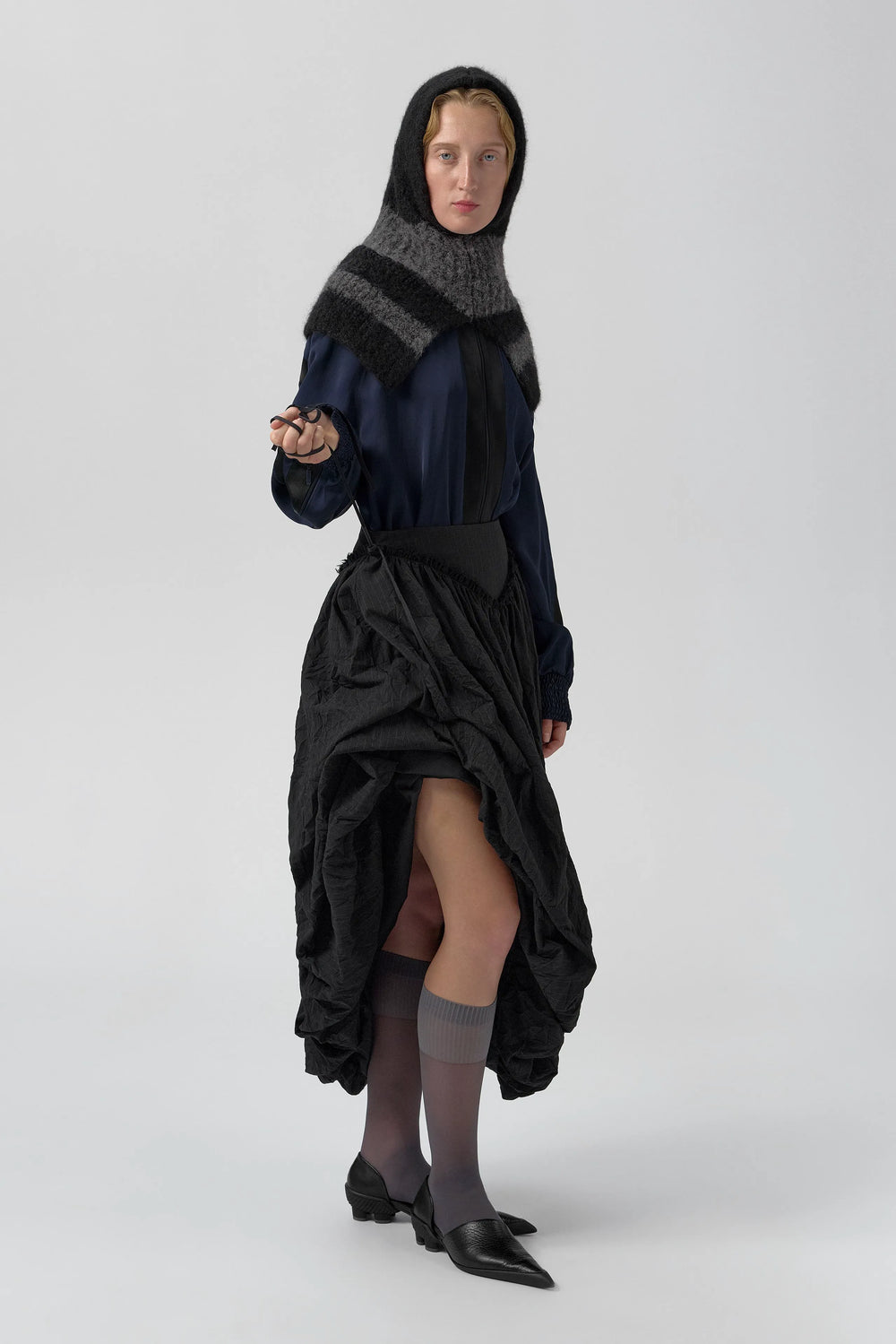 Bronte Black And Grey Crush Pinstripe Puff Skirt  | Miista | Designed & Handmade in Europe