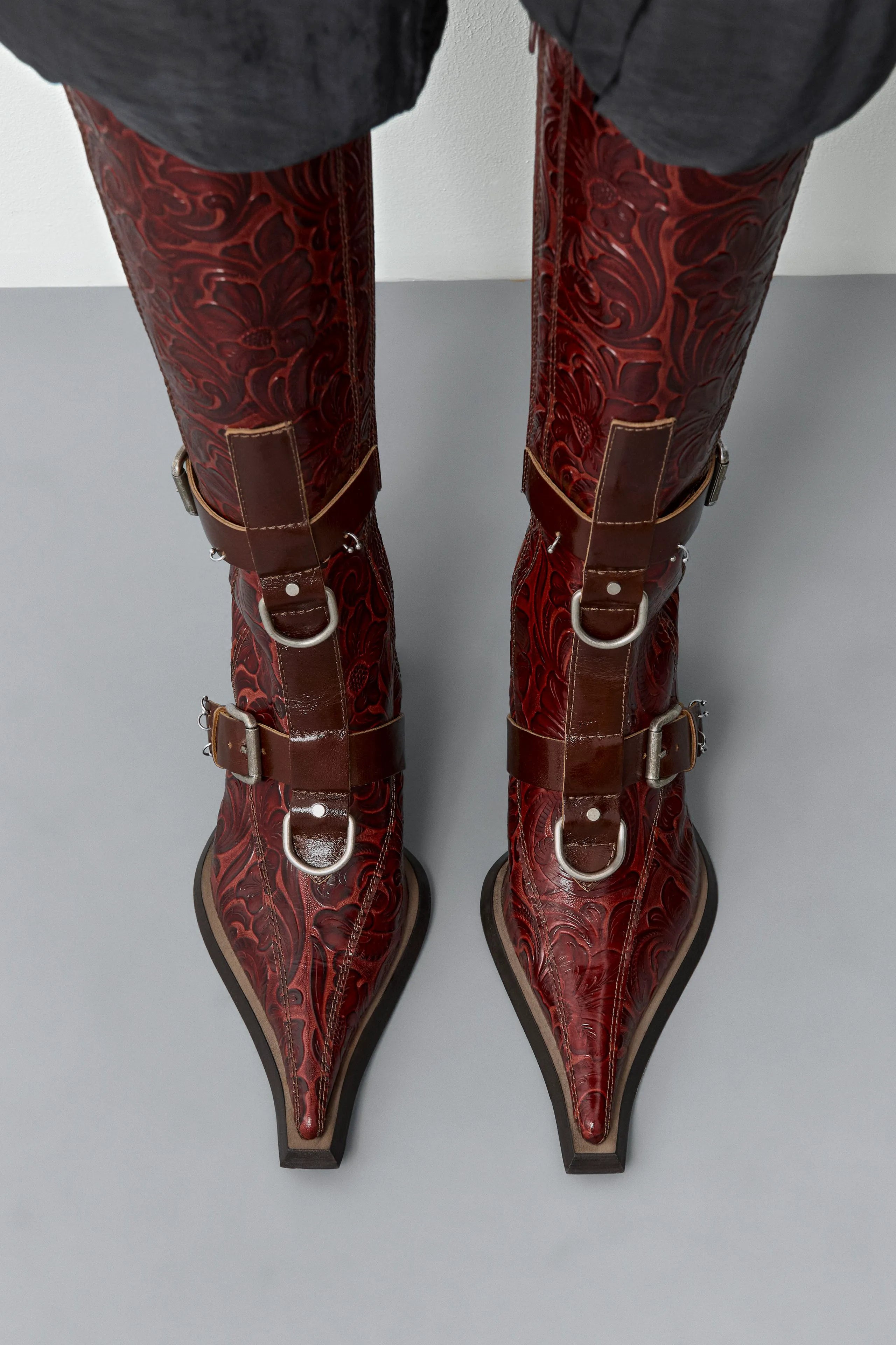 Eliya Brick Embossed Buckled Tall Boots | Miista | Designed & Handmade in Europe