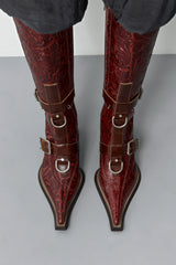Eliya Brick Embossed Buckled Tall Boots | Miista | Designed & Handmade in Europe