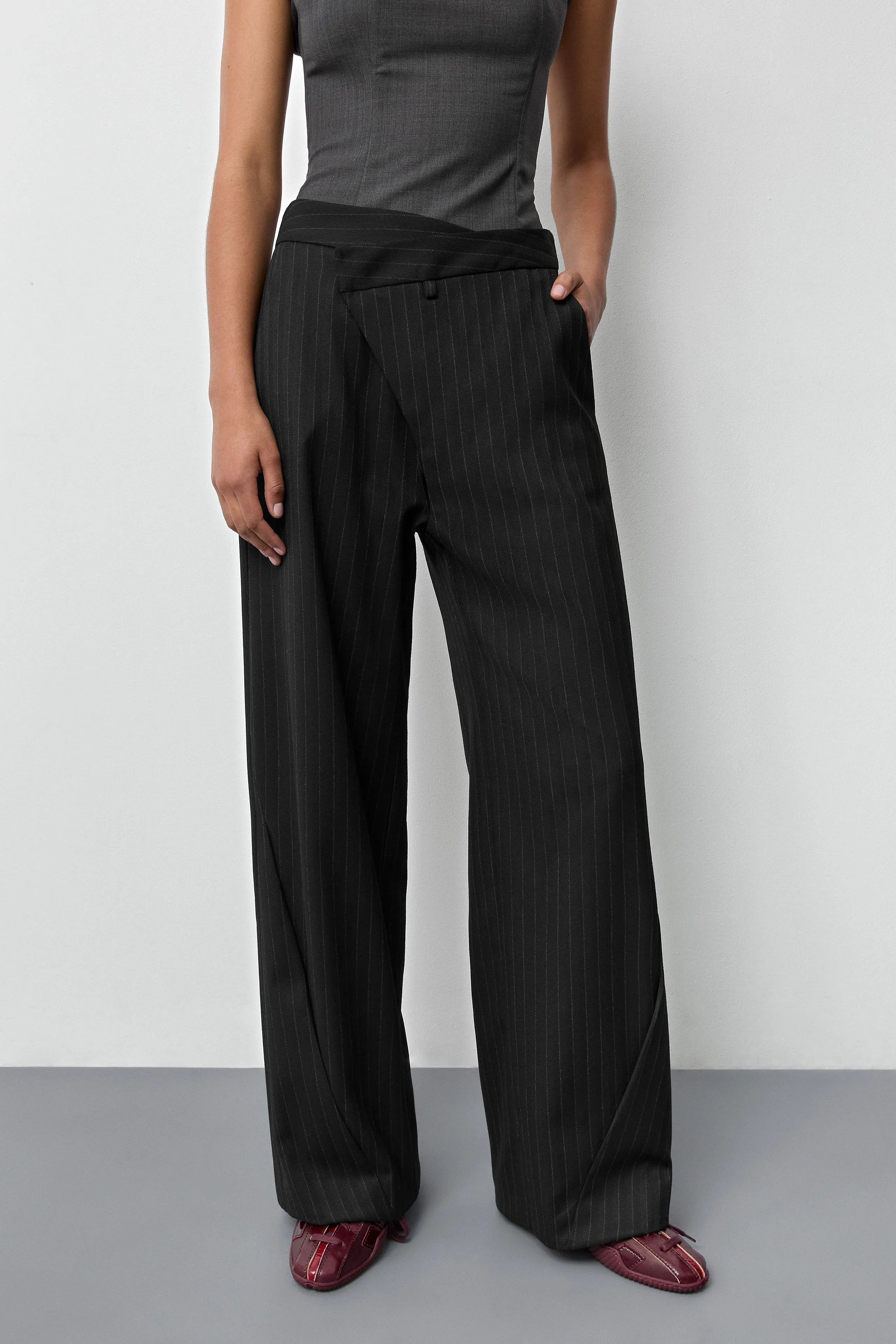 Metis Black Pinstripe Trousers | Miista | Designed & Handmade in Europe