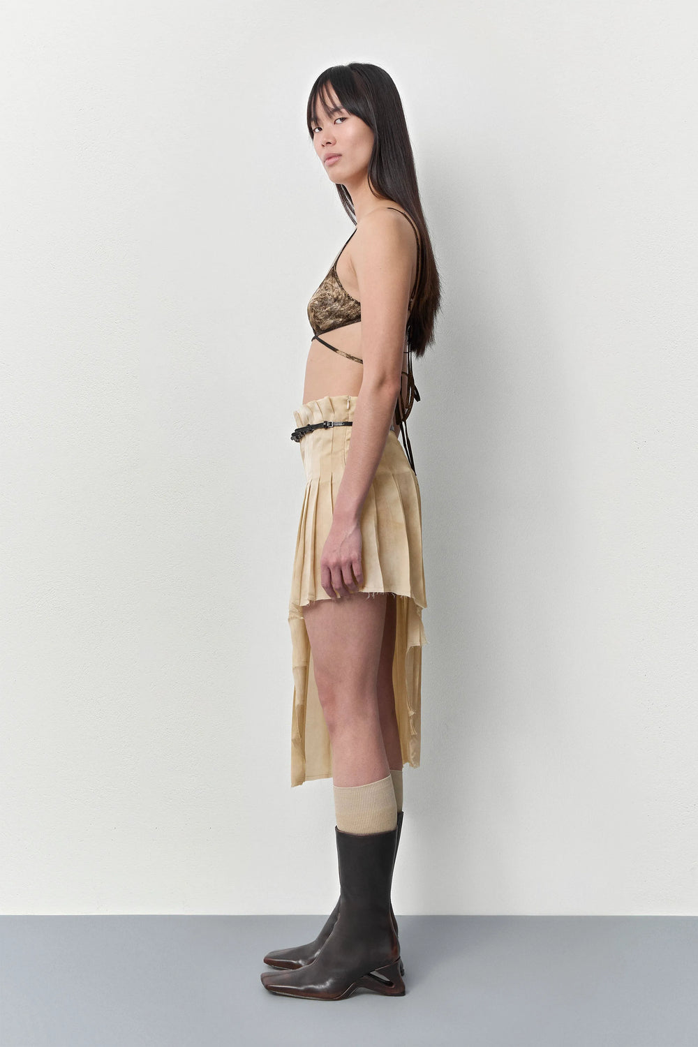 Clio Brown Beige Pleated Skirt | Miista | Designed & Handmade in Europe