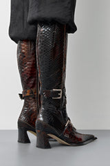 Eliya Brown Snake Buckled Tall Boots | Miista | Designed & Handmade in Europe