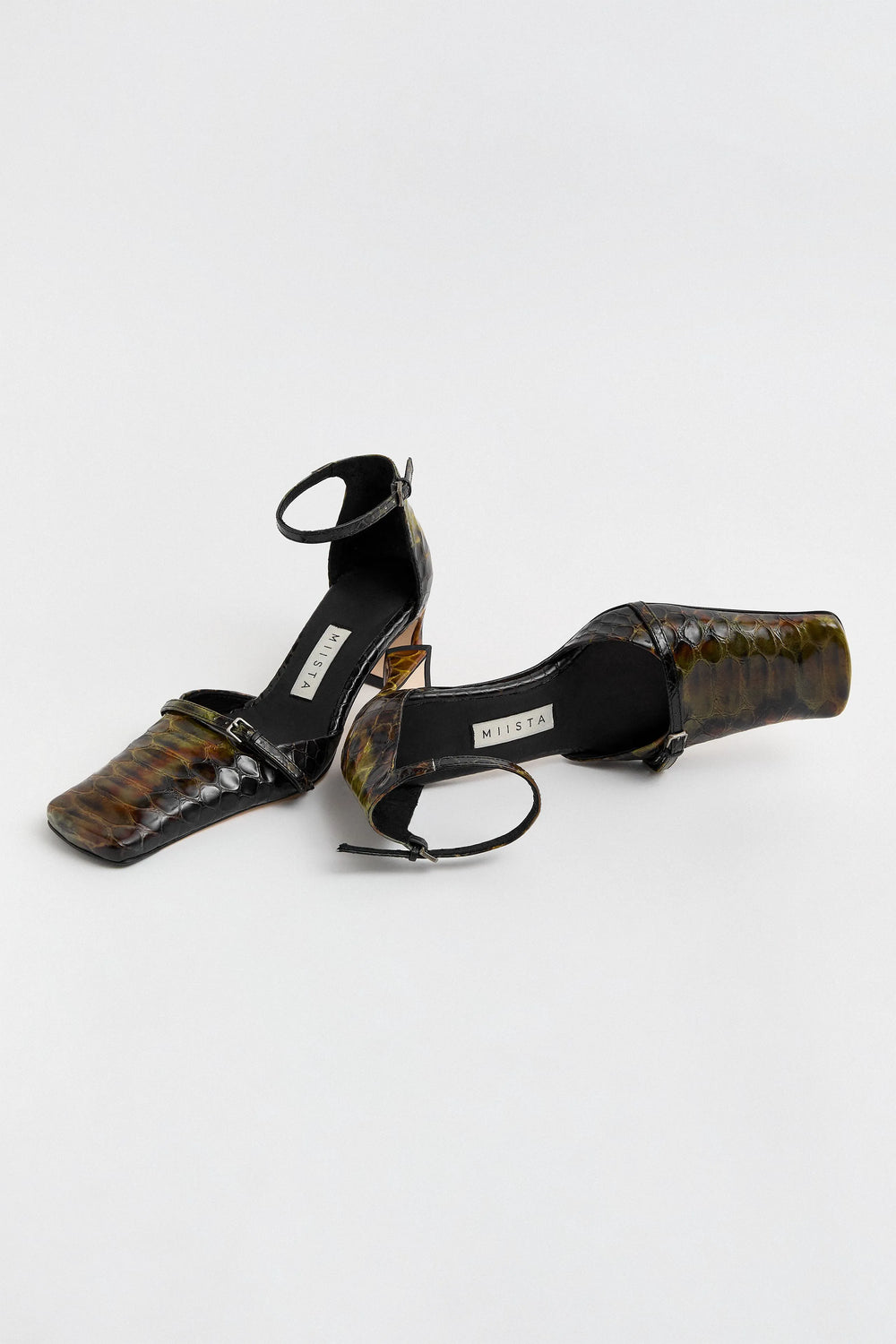 Agna Khaki Snake Mini Buckled Mary Jane Court Shoes | Miista | Designed & Handmade in Europe