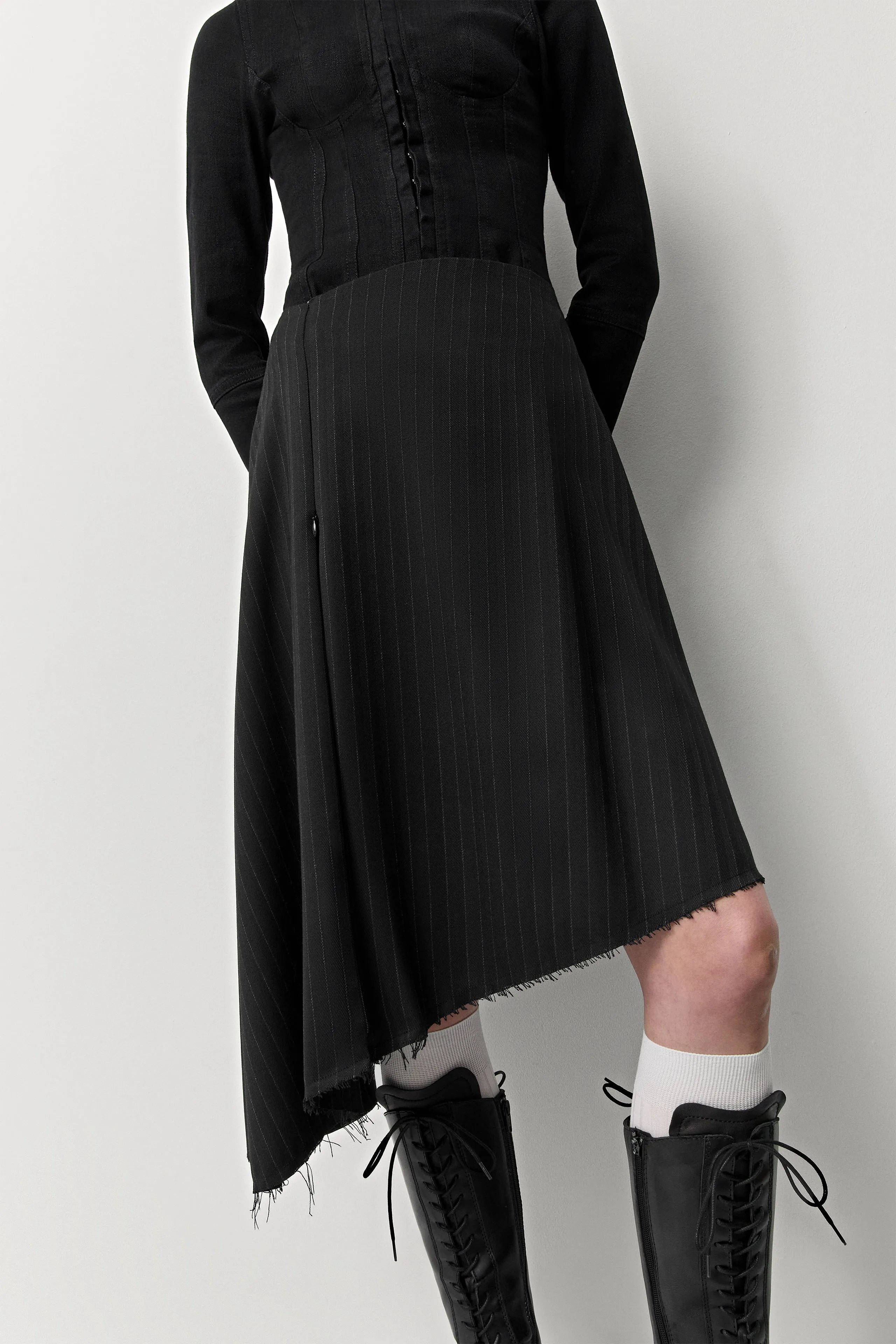 Kaia Black Pinstripe Asymmetrical Skirt | Miista | Designed & Handmade in Europe