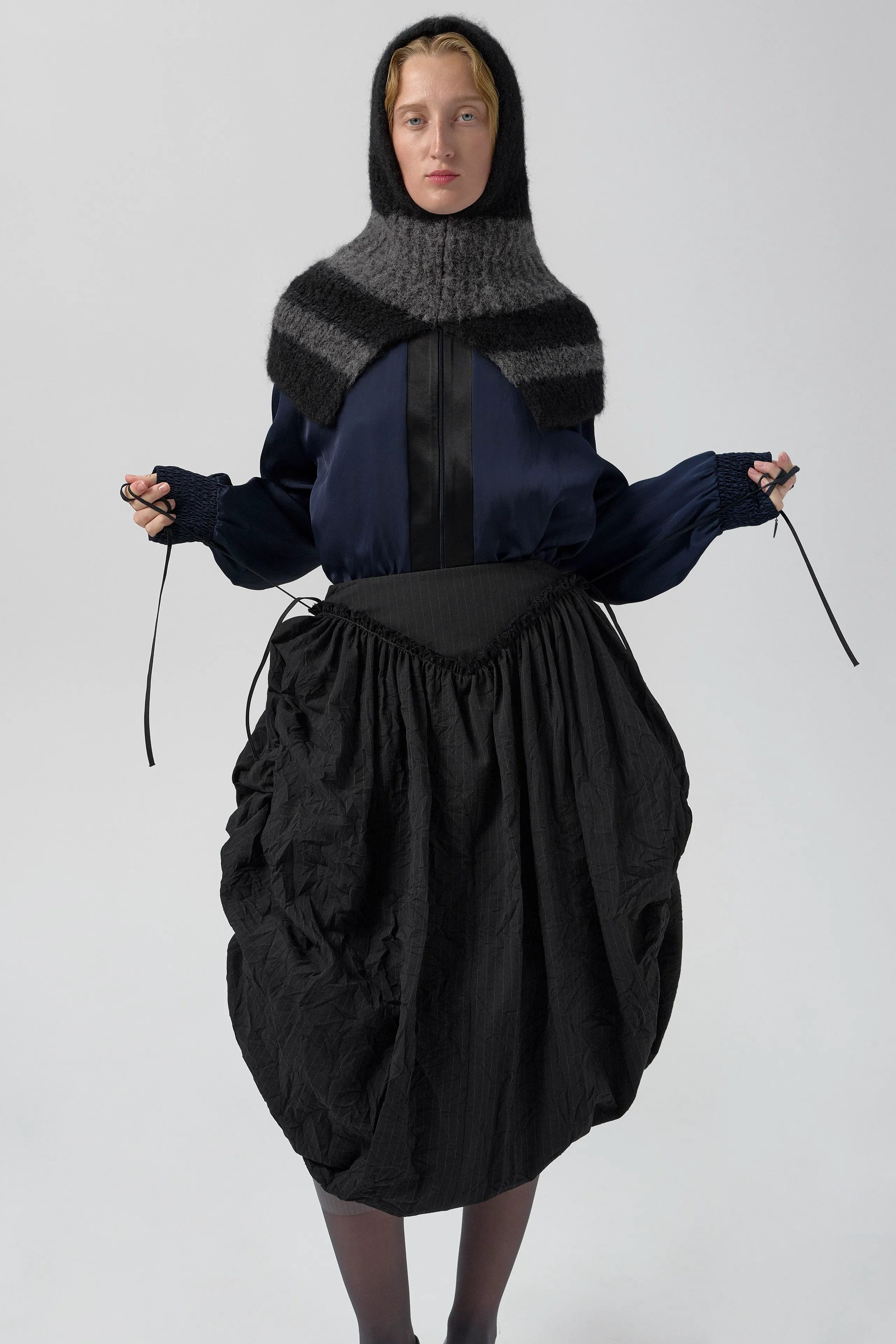 Bronte Black And Grey Crush Pinstripe Puff Skirt  | Miista | Designed & Handmade in Europe